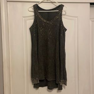 Copper dusted charcoal sweater with open shoulder